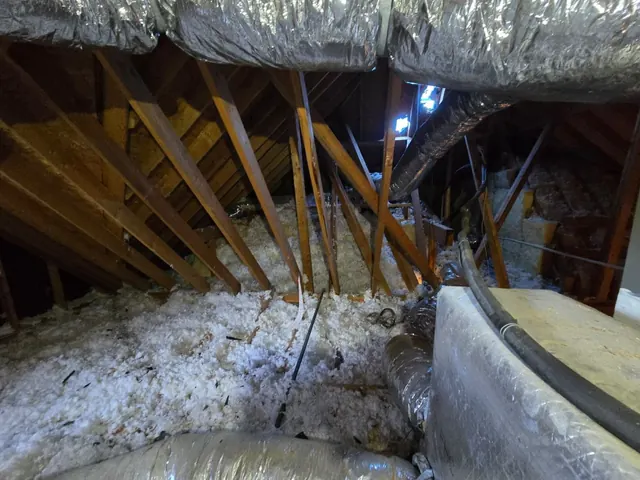 Attic framing, insulation and roof opening documented during source investigation