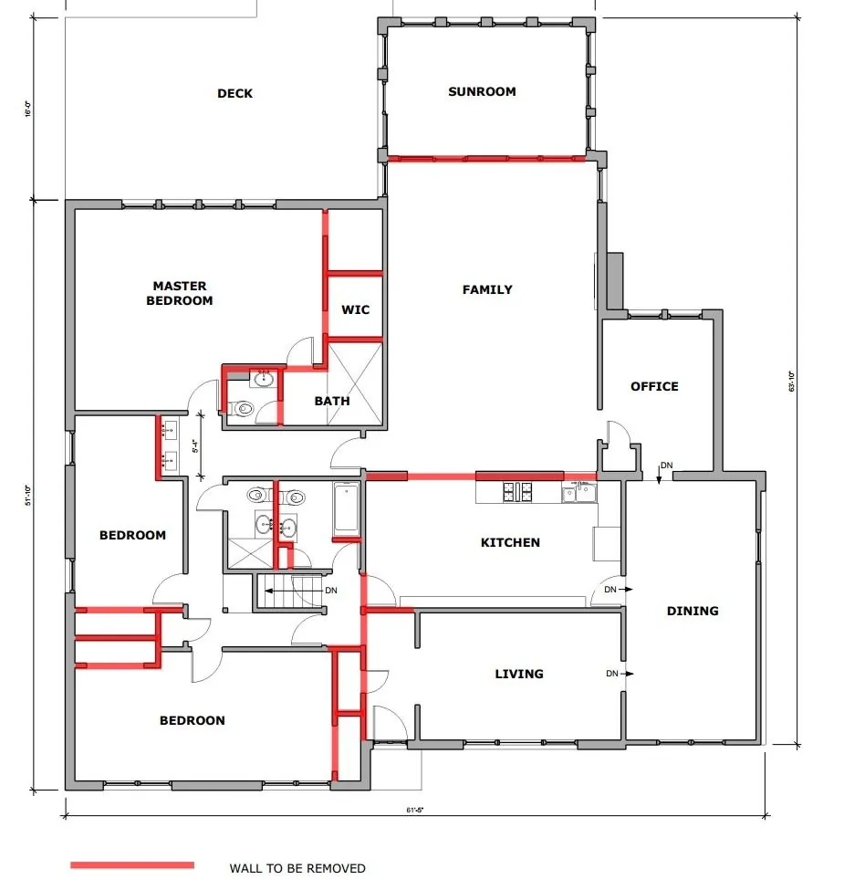 Floor plan marked in red showing walls scheduled for removal