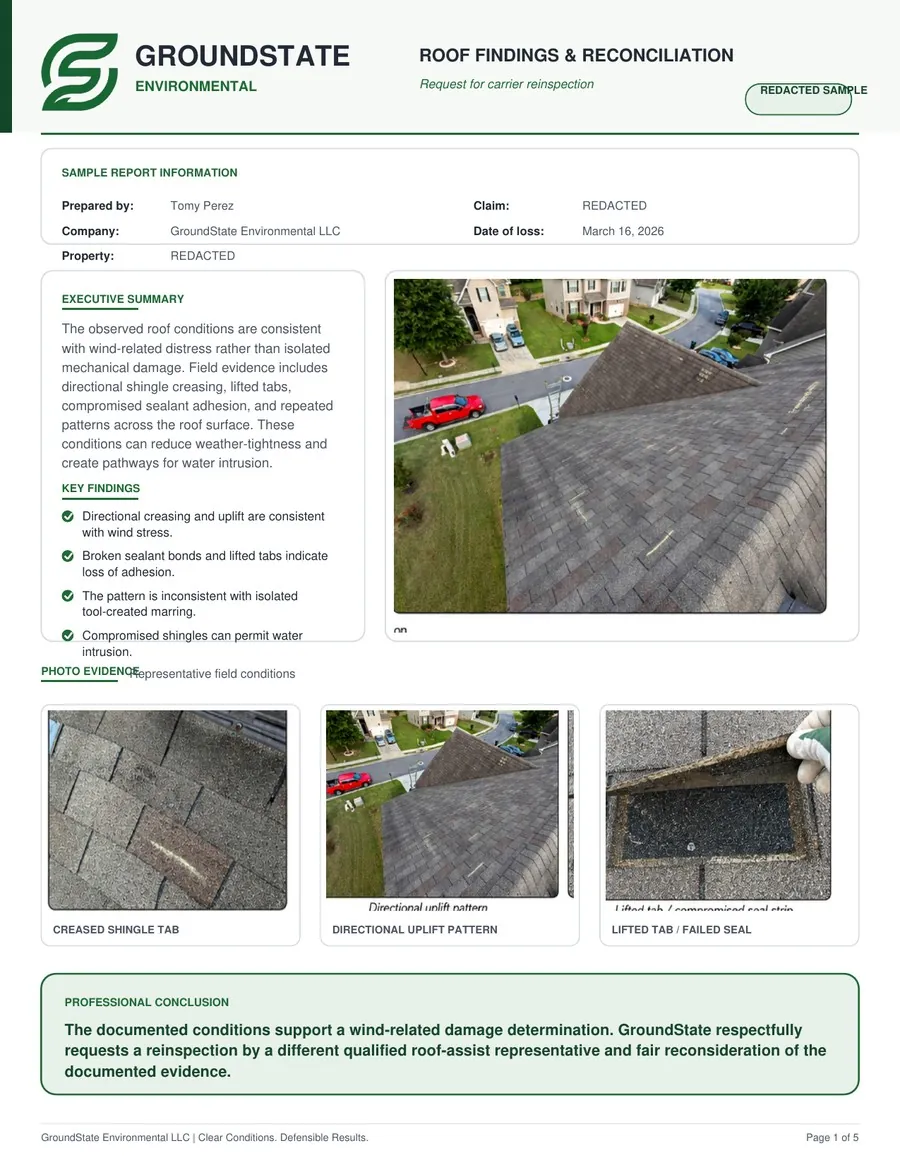 First page preview of the redacted GroundState roof findings report